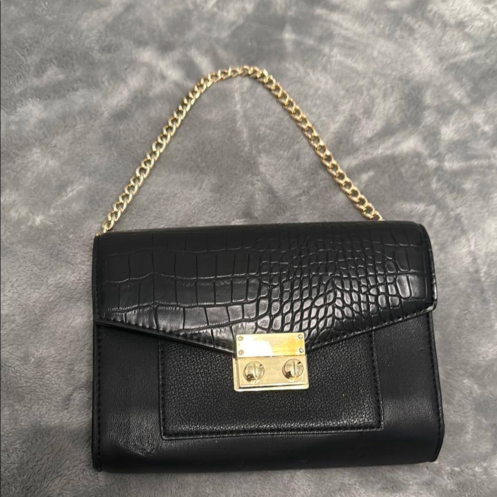 Express Black and Gold Croc-Embossed Clutch